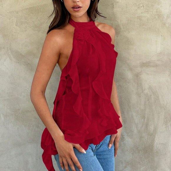 Red Casual Women's Ruched Floral 3d Decoration Halter Top - Picture 6 of 6